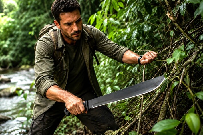 Machette de survie utilisée en pleine forêt